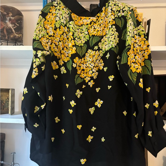 BOB MACKIE Wearable Art Black Floral Embellished Button Blouse 100 Silk SZ LRG - Picture 5 of 7